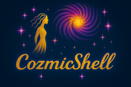 Girl staring into spiral universe above the text: CozmicShell